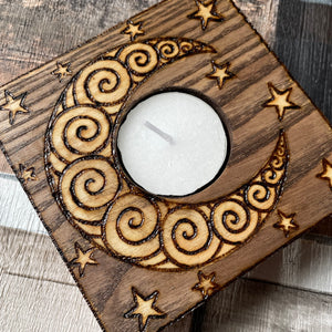 Sun and Moon Wooden Tealight Holders - Woodburning - Pyrography