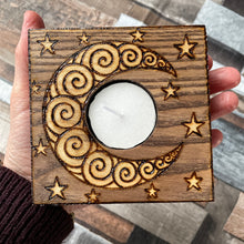 Load image into Gallery viewer, Sun and Moon Wooden Tealight Holders - Woodburning - Pyrography